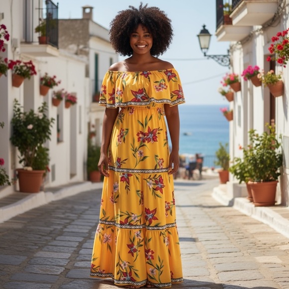 LuLu’s NWOT Tropical Paradise Floral Off Shoulder Ruffled Maxi Dress Sz Small - Picture 1 of 16